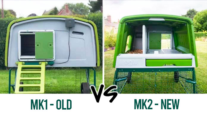 een vergelijking tussen het oudere model Mk1 en nieuwere Mk2 van de Omlet Eglu Cube